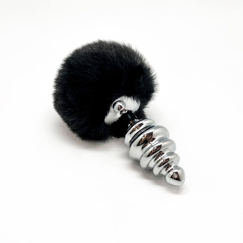 Металева анальна пробка Кролячий хвостик Alive Fluffy Twist Plug L Black, діаметр 3,8 см фото