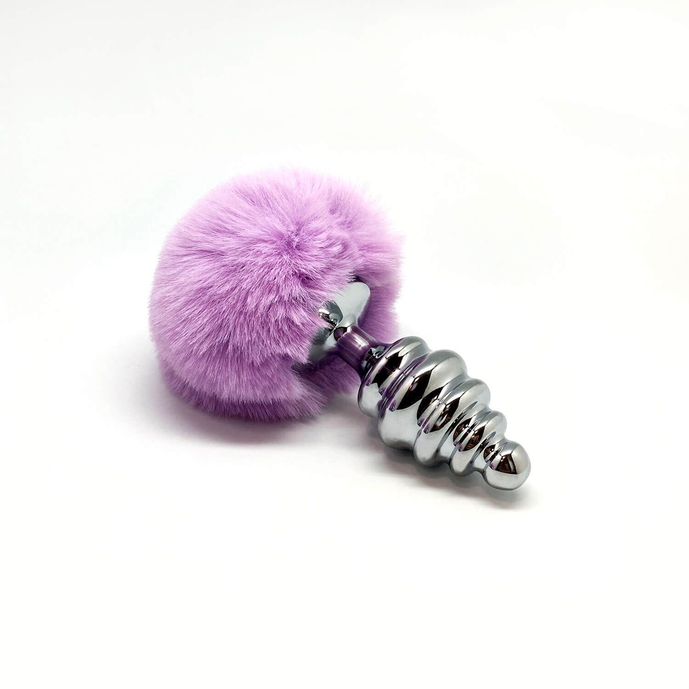 Металева анальна пробка Кролячий хвостик Alive Fluffy Twist Plug L Purple, діаметр 3,8 см фото