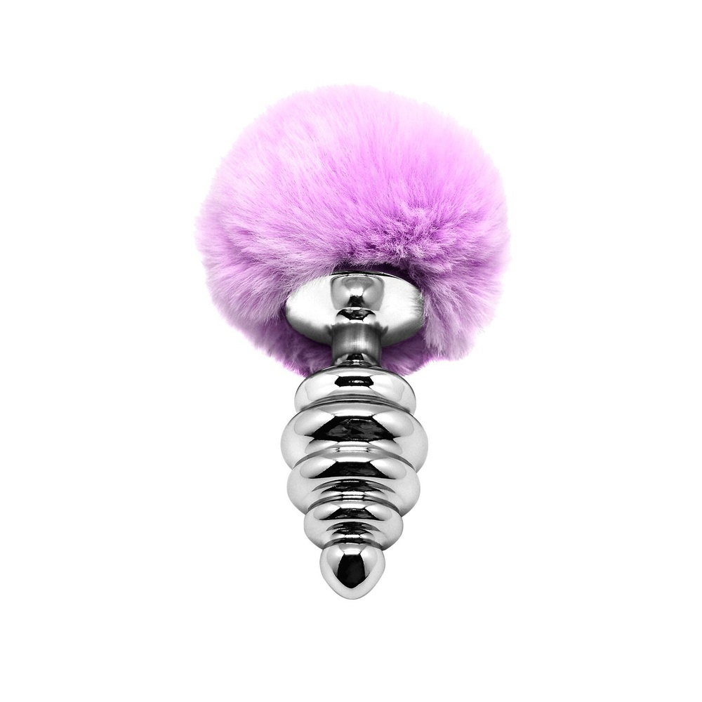 Металева анальна пробка Кролячий хвостик Alive Fluffy Twist Plug L Purple, діаметр 3,8 см фото