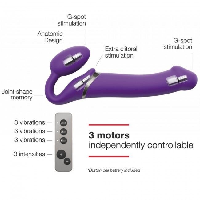 Безпасковий страпон з вібрацією Strap-On-Me Vibrating Violet M діаметр 3,3 см, пульт ДУ, регульований фото
