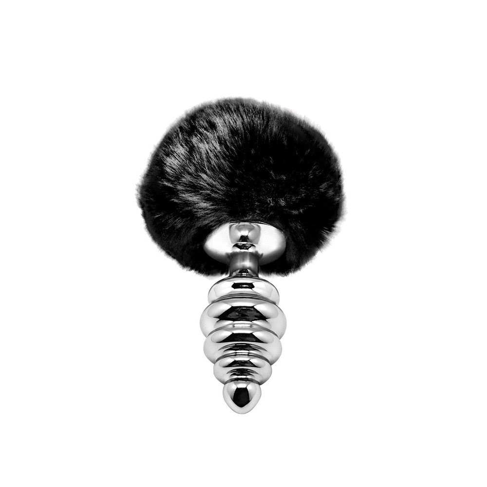 Металева анальна пробка Кролячий хвостик Alive Fluffy Twist Plug M Black, діаметр 3,4 см фото