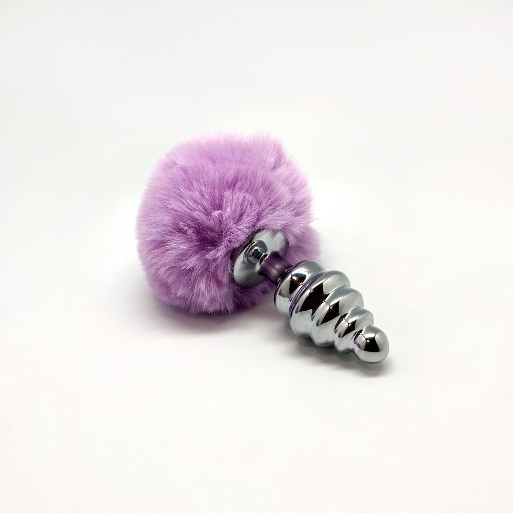 Металева анальна пробка Кролячий хвостик Alive Fluffy Twist Plug M Purple, діаметр 3,4 см фото
