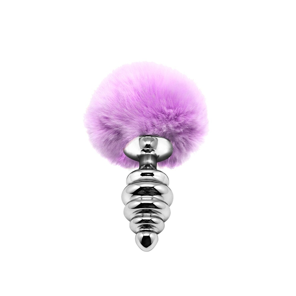 Металева анальна пробка Кролячий хвостик Alive Fluffy Twist Plug M Purple, діаметр 3,4 см фото