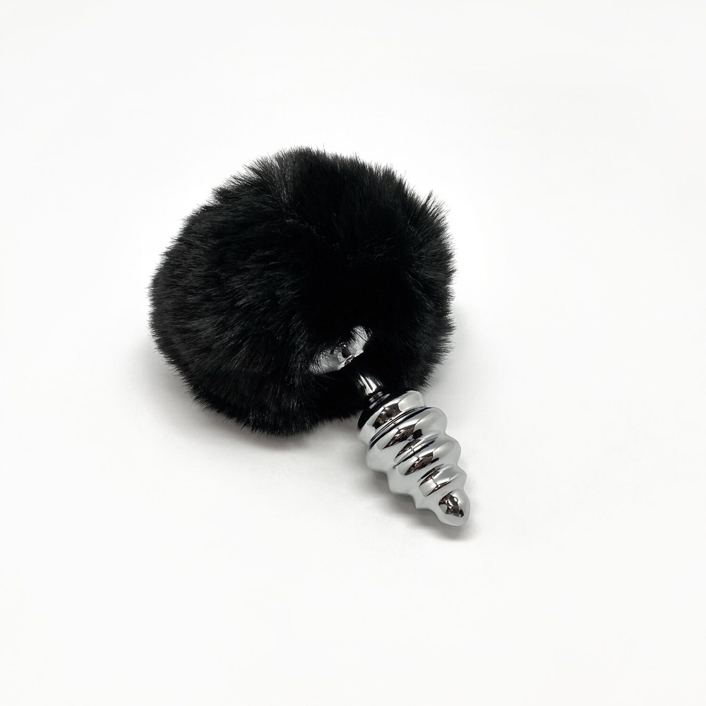 Металева анальна пробка Кролячий хвостик Alive Fluffy Twist Plug S Black, діаметр 2,9 см фото
