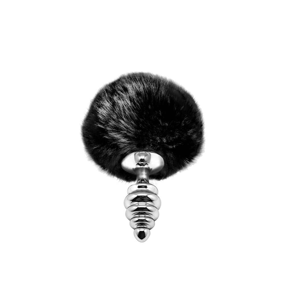 Металлическая анальная пробка Кроличий хвостик Alive Fluffy Twist Plug S Black, диаметр 2,9 см фото
