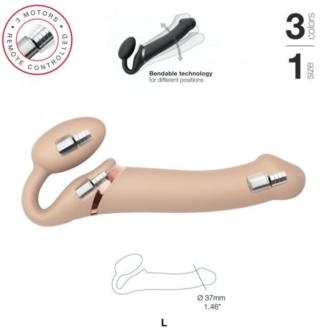 Безпасковий страпон з вібрацією Strap-On-Me Vibrating Flesh L, діаметр 3,7 см, пульт ДУ, регульований фото