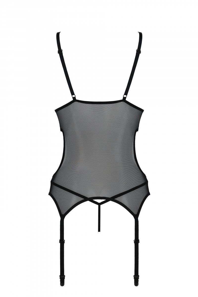 Корсет Passion Christa Corset black S/M: с подвязками и ажурным лифом, стринги в комплекте фото