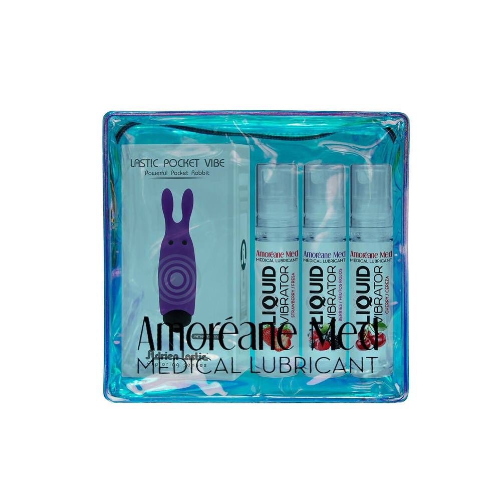 Набор из 3-х вкусов стимулирующего лубриканта Amoreane Med (3х10мл) и вибропули Adrien Lastic Purple