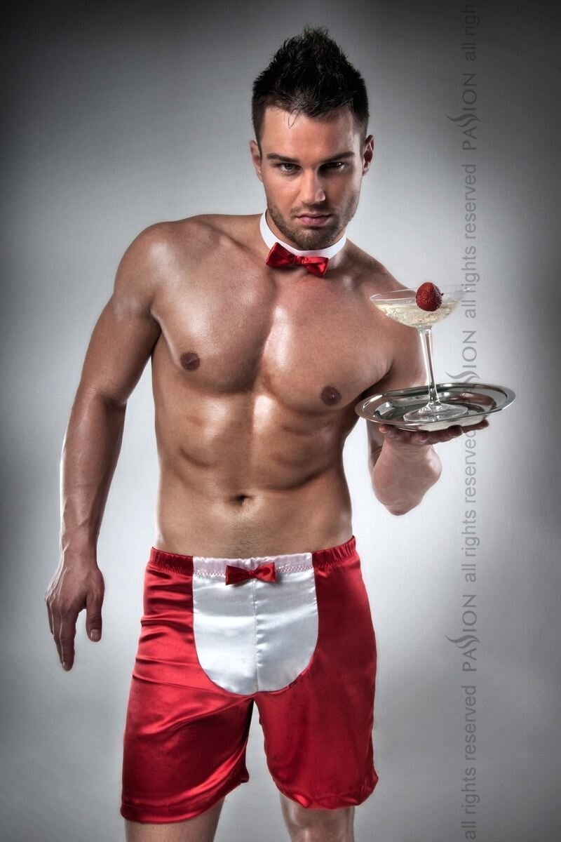 Мужской эротический костюм официанта Passion 019 SHORT red L/XL, шорты и бабочка фото