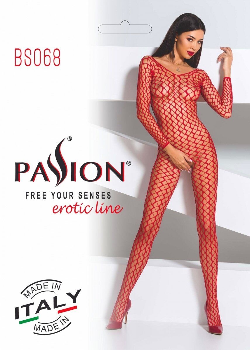 Бодистокинг Passion BS068 red, комбинезон, крупная сетка, длинный рукав фото