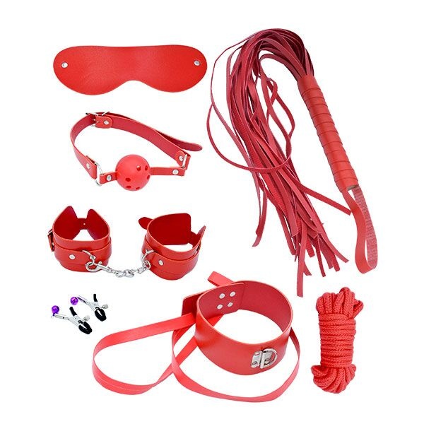 Набір MAI BDSM STARTER KIT Nº 75: батіг, кляп, наручники, маска, нашийник з повідцем, мотузка, затискачі фото