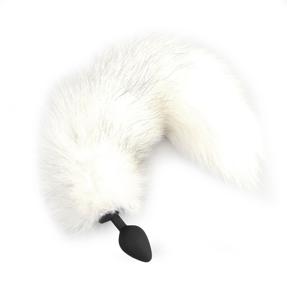Силиконовая анальная пробка с хвостом из натурального меха Art of Sex size M White fox фото