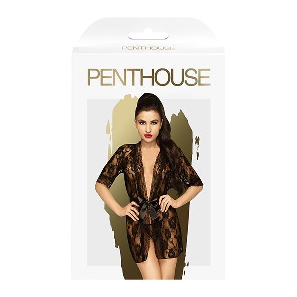 Комплект пеньюар с декором в виде роз и стрингами Penthouse - Sweet Retreat Black XL фото