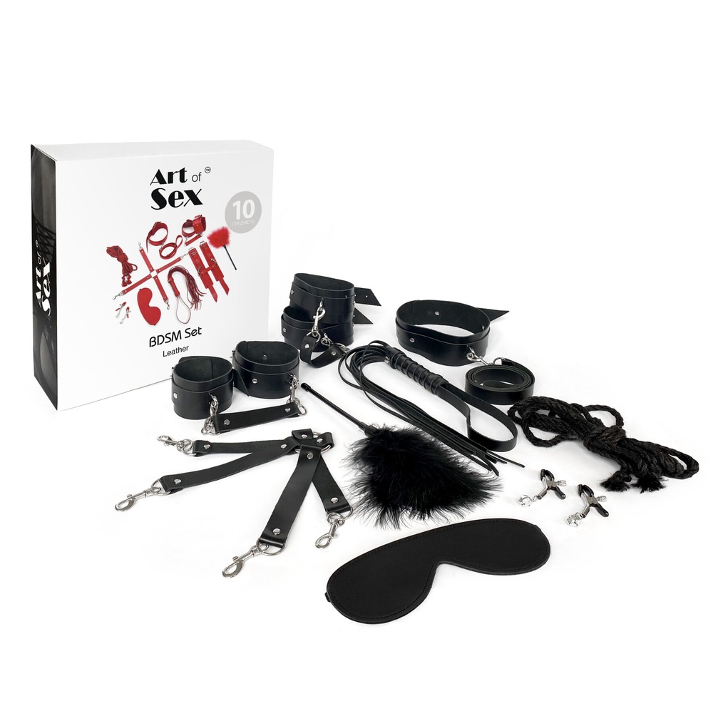 Набір Art of Sex - BDSM Set Leather, 10 предметів, натуральна шкіра, Чорний фото