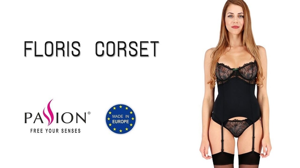 Корсет з пажами FLORIS CORSET black S/M — Passion Exclusive, трусики фото