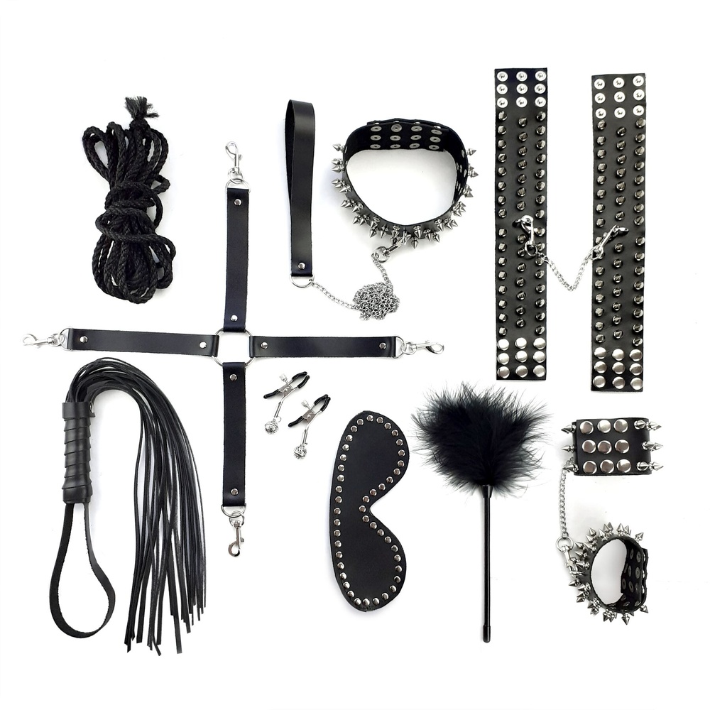 Набор Art of Sex - Spikes BDSM Set Leather, 10 предметов, натуральная кожа, Черный фото
