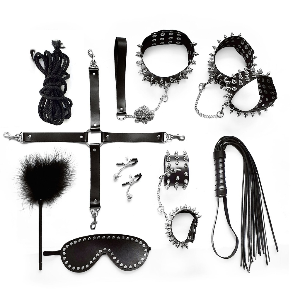 Набір Art of Sex - Spikes BDSM Set Leather, 10 предметів, натуральна шкіра, Чорний фото