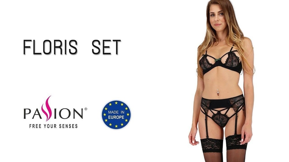 Комплект білизни FLORIS SET black S/M — Passion Exclusive: ліф, трусики, пояс для панчох фото