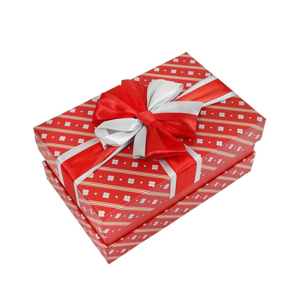 Подарункова коробка з бантом червоно-біла, м - 24,5x17,5x11,2 см