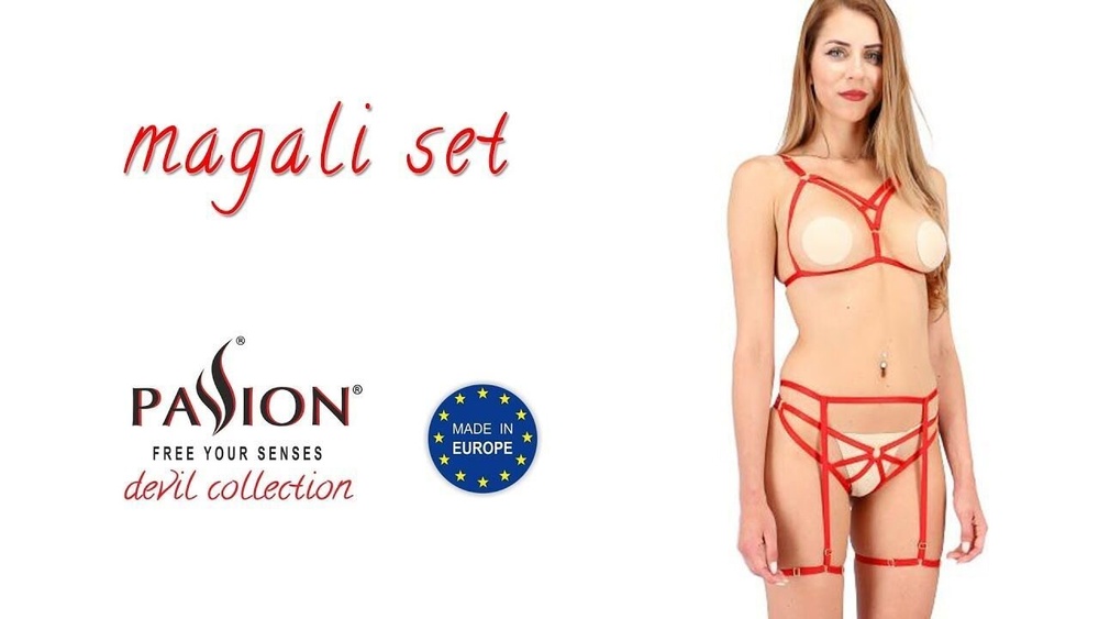 Комплект білизни MAGALI SET OpenBra red L/XL — Passion Exclusive: стрепи: ліф, трусики і пояс фото