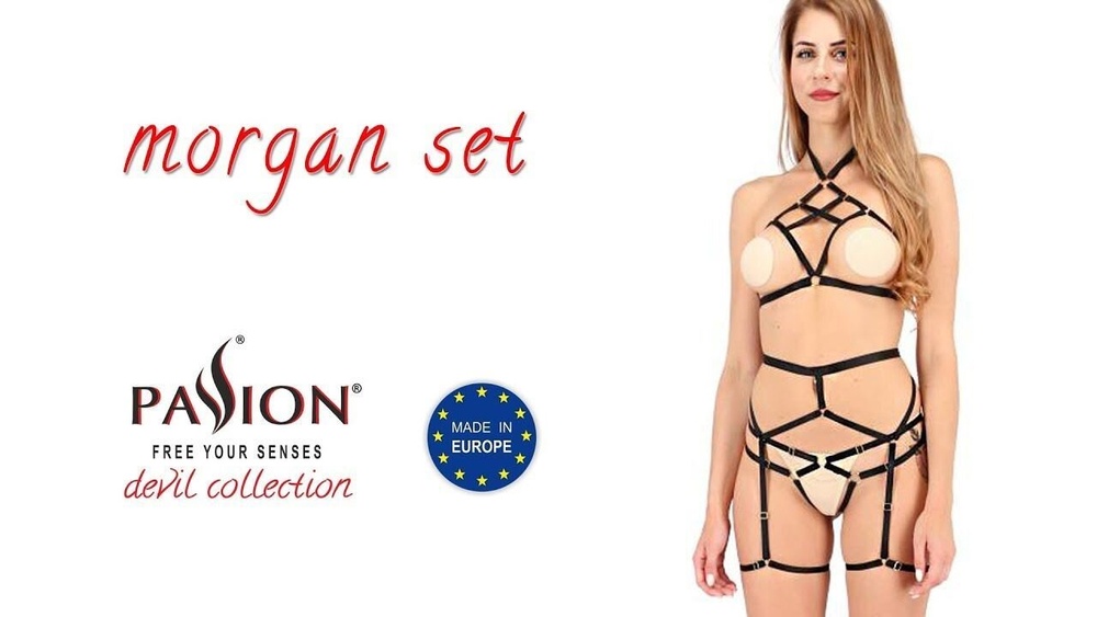 Комплект білизни MORGAN SET OpenBra black L/XL — Passion Exclusive: стрепи: трусики, ліф, пояс фото