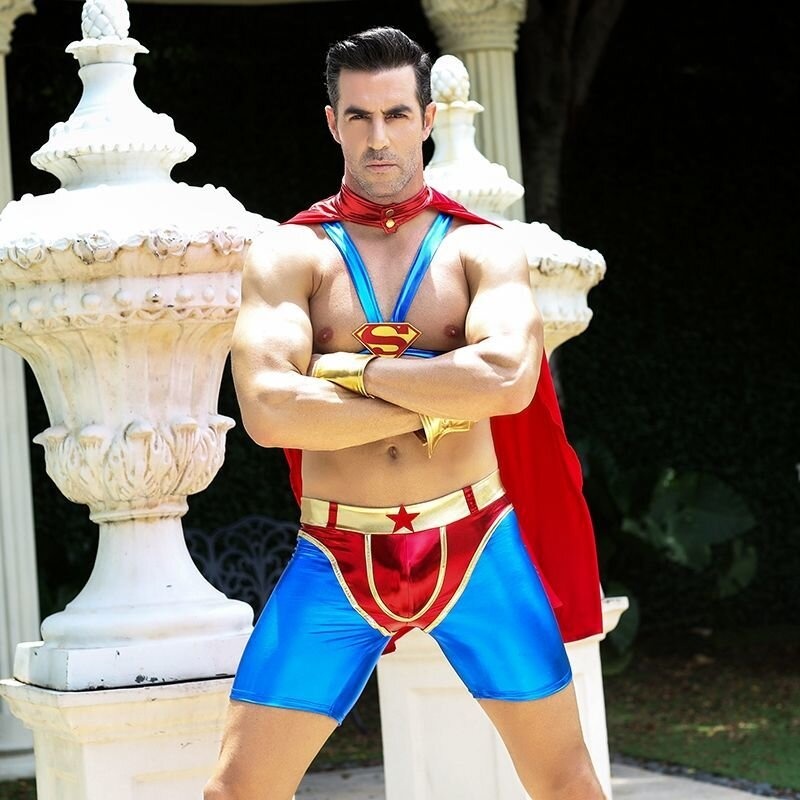 Мужской эротический костюм супермена "Готовый на всё Стив" S/M: плащ, портупея, шорты, манжеты фото