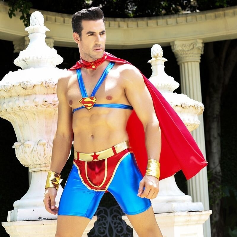 Чоловічий еротичний костюм супермена "Готовий на все Стів" S/M: плащ, портупея, шорти, манжети фото