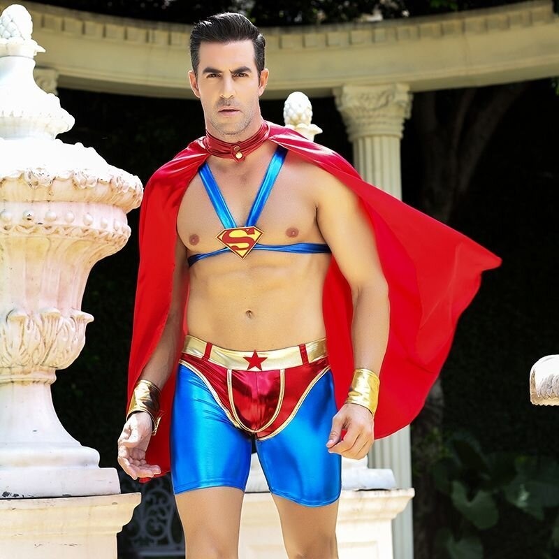 Мужской эротический костюм супермена "Готовый на всё Стив" S/M: плащ, портупея, шорты, манжеты фото
