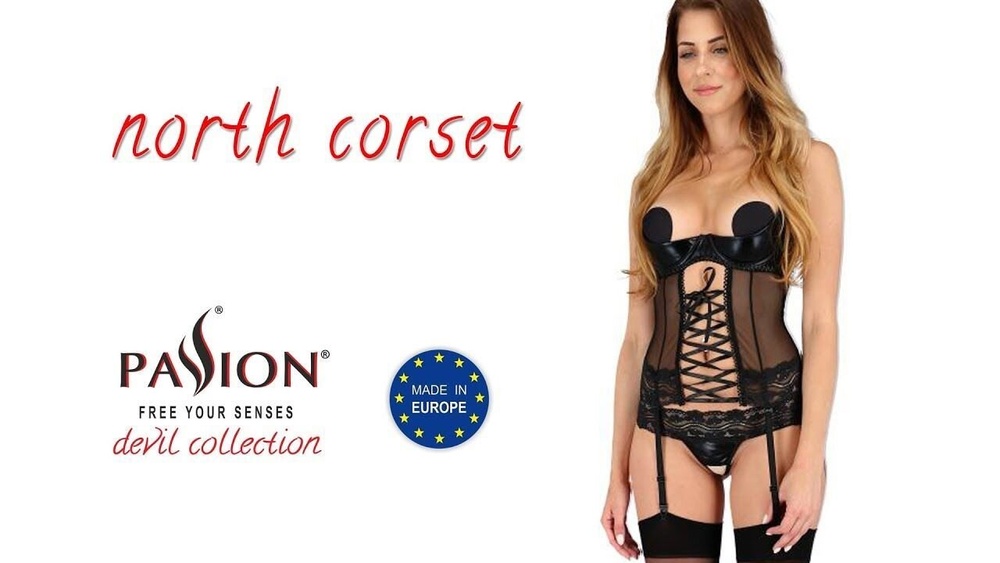 Корсет с открытой грудью NORTH CORSET black S/M - Passion Exclusive, пажи, трусики, шнуровка фото