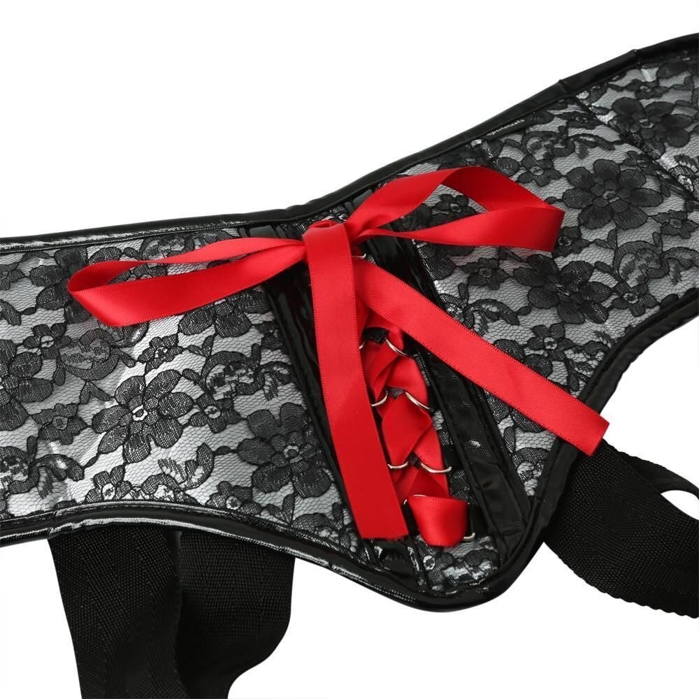 Труси для страпона Sportsheets — SizePlus Grey & Black Lace Corsette, широкий пояс, бант, мереживо фото