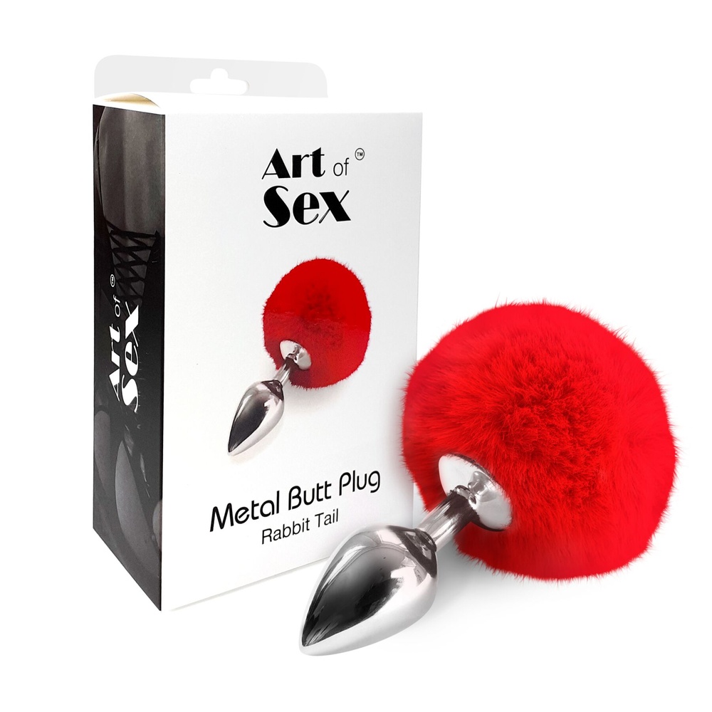 Металлическая анальная пробка М Art of Sex - Metal Butt plug Rabbit Tail, Красный фото