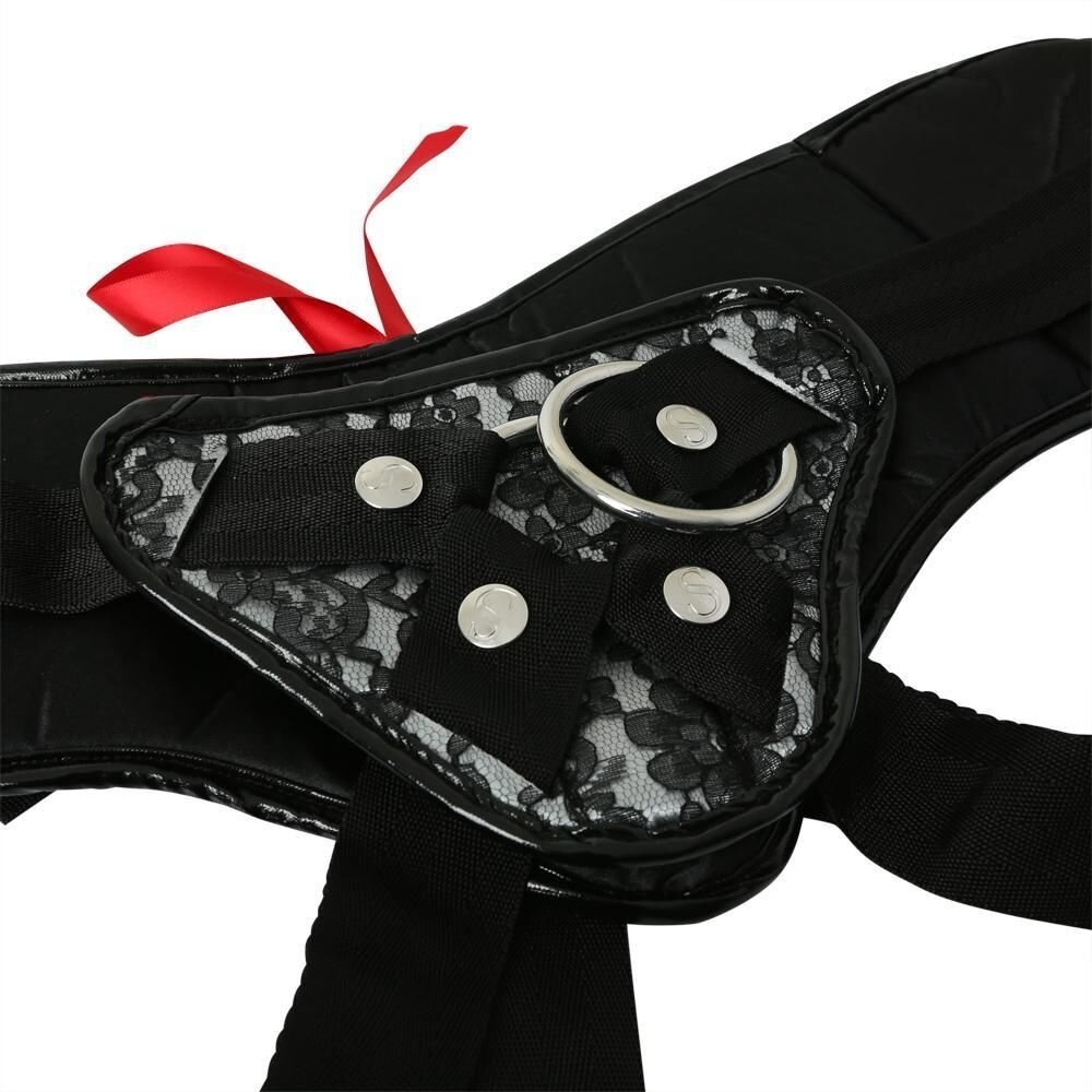 Труси для страпона Sportsheets — SizePlus Grey & Black Lace Corsette, широкий пояс, бант, мереживо фото