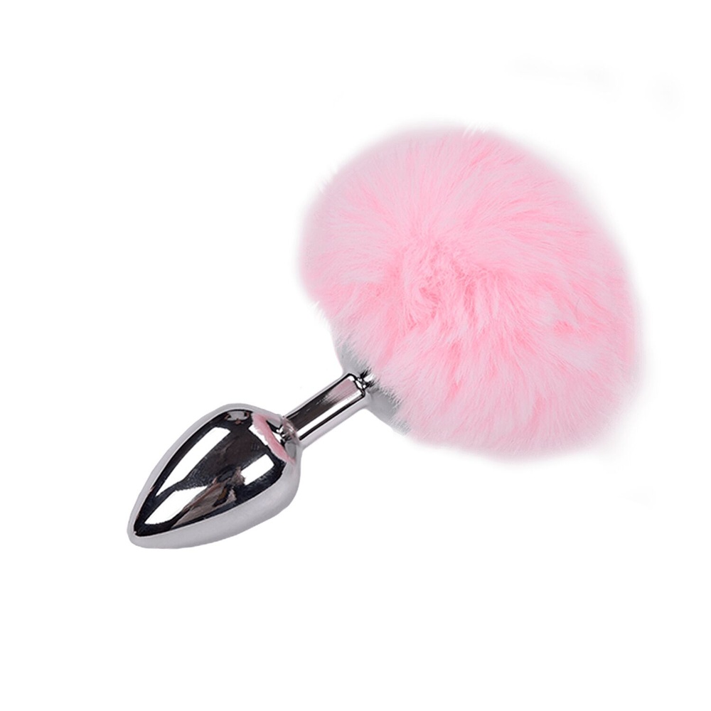 Металева анальна пробка Кролячий хвостик Alive Fluffy Plug M Pink, діаметр 3,4 см фото