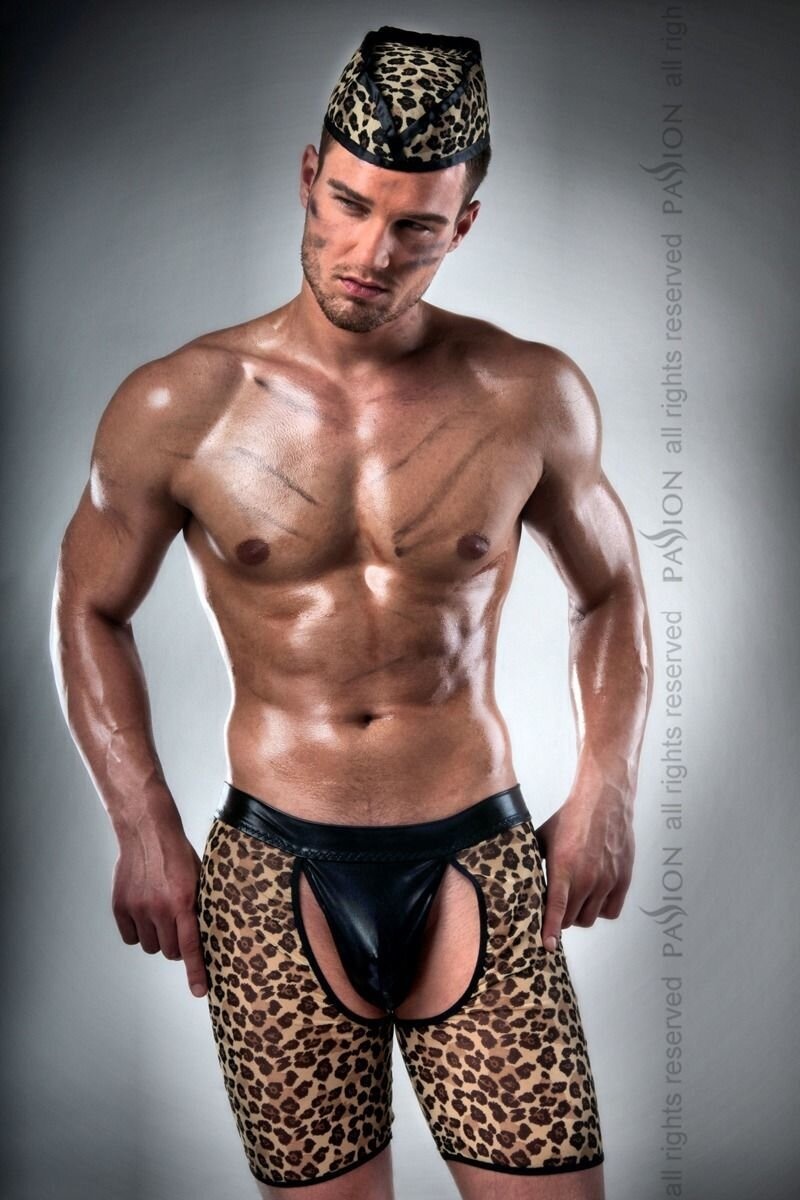 Мужской эротический костюм охотника Passion 024 SHORT S/M: леопардовые шорты-трусы и пилотка фото