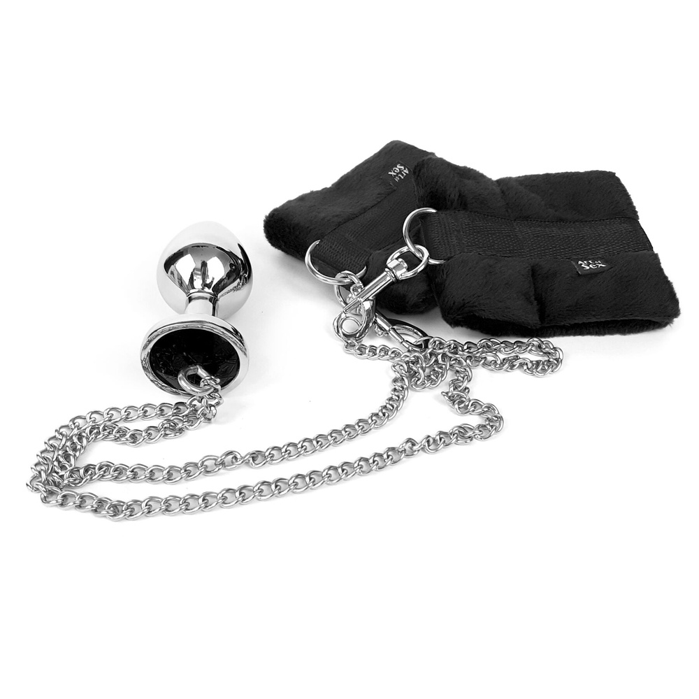 Наручники с металлической анальной пробкой Art of Sex Handcuffs with Metal Anal Plug size M Black фото
