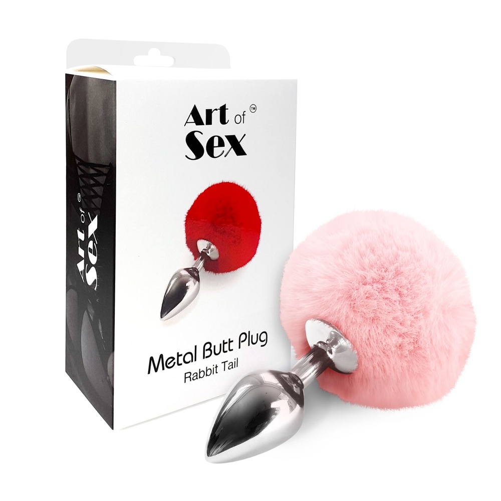 Металевий анальний затор М Art of Sex - Metal Butt plug Rabbit Tail, Ніжно-рожевий фото