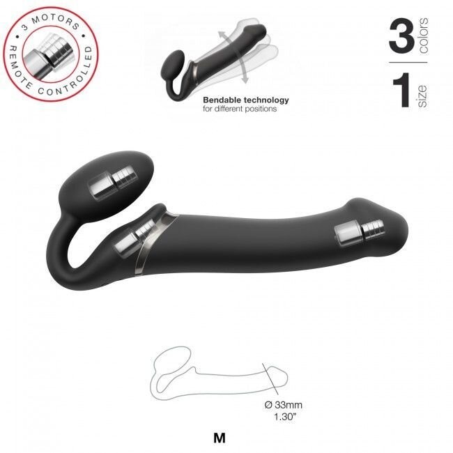 Безпасковий страпон з вібрацією Strap-On-Me Vibrating Black M, діаметр 3,3 см, пульт ДУ, регульований фото