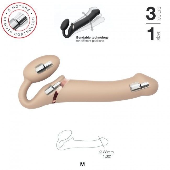 Безремневой страпон с вибрацией Strap-On-Me Vibrating Flesh M, диаметр 3,3см, пульт ДУ, регулируемый фото