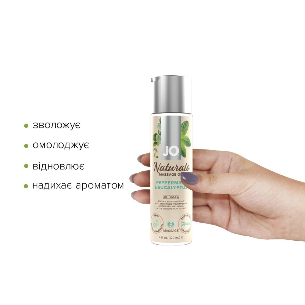 Масажна олія System JO - Naturals Massage Oil - Peppermint&Eucalyptus з ефірними оліями (120 мл) фото
